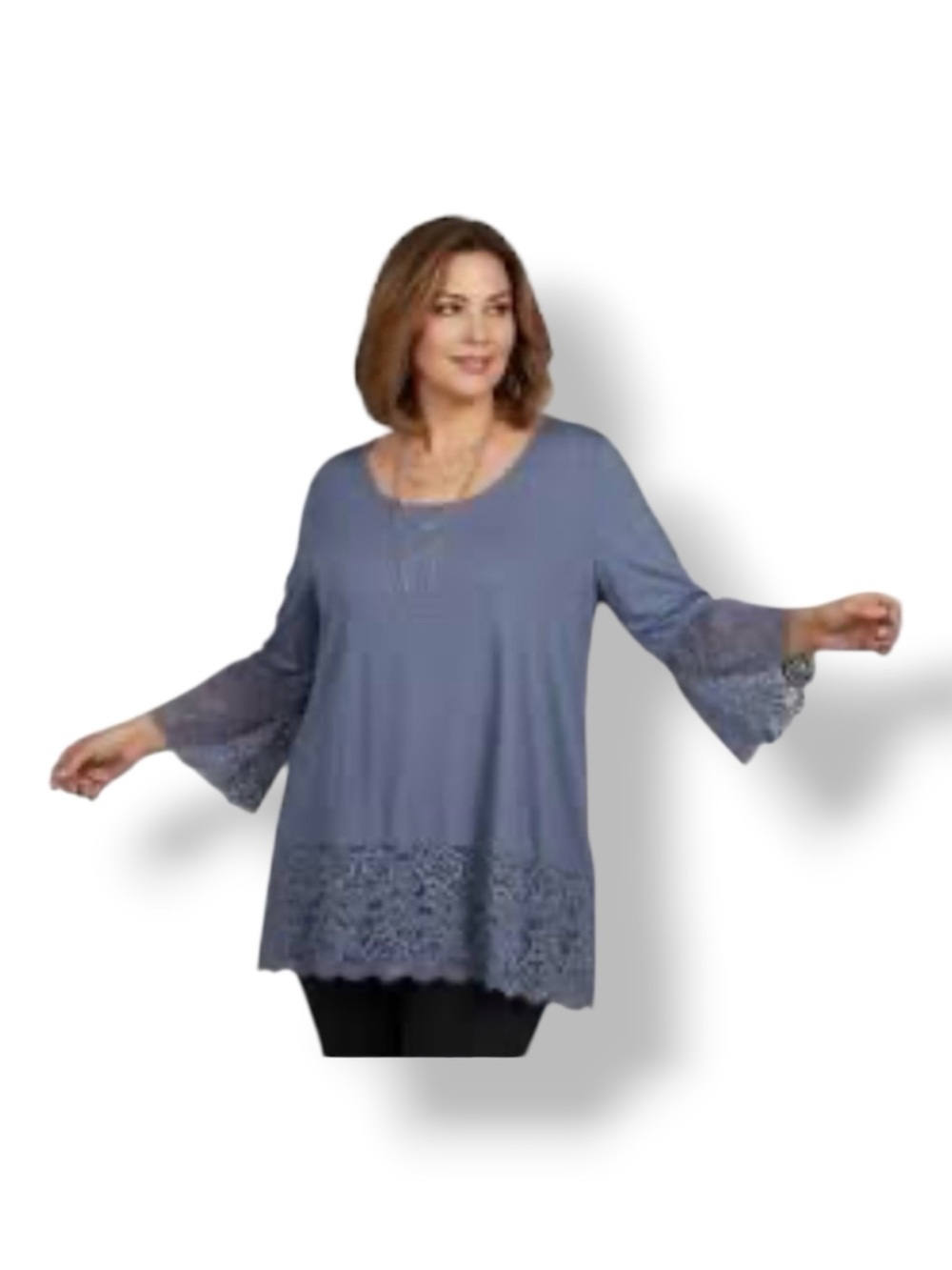 Slinky Brand Women’s Lace Trim Bell Sleeve Tunic Top Blue PL